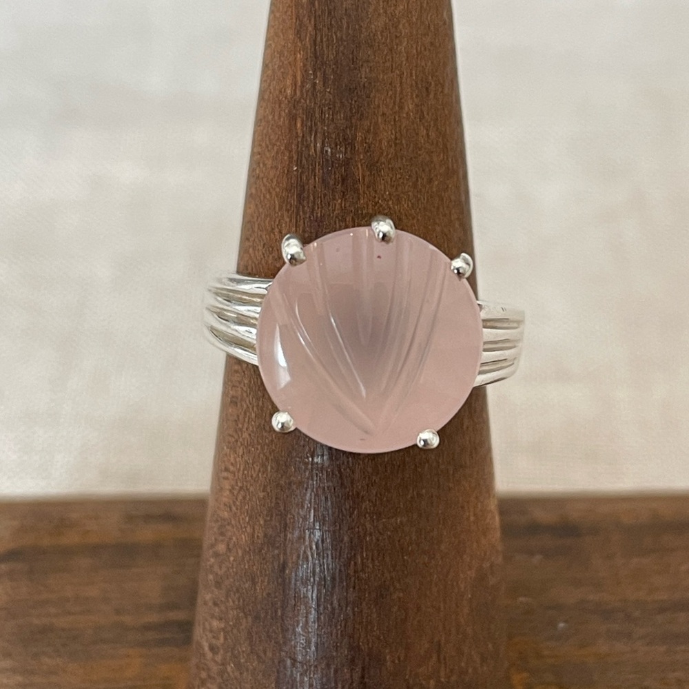 Rose Carved Quartz Ring Size 6 Sterling Silver Prong Set Feminine Designer Pink